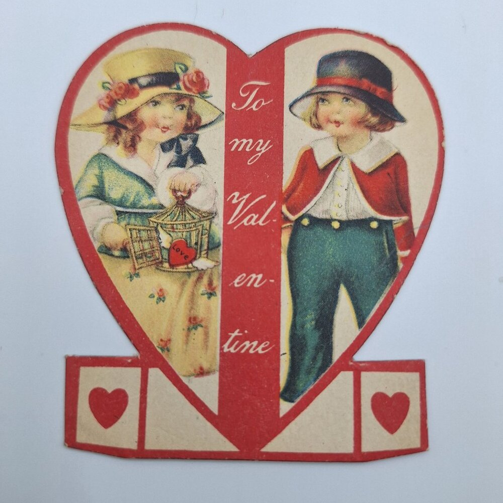 Vintage‎ Valentine Card Illustrated Kids Heart Design Romantic Sweet Small Tiny